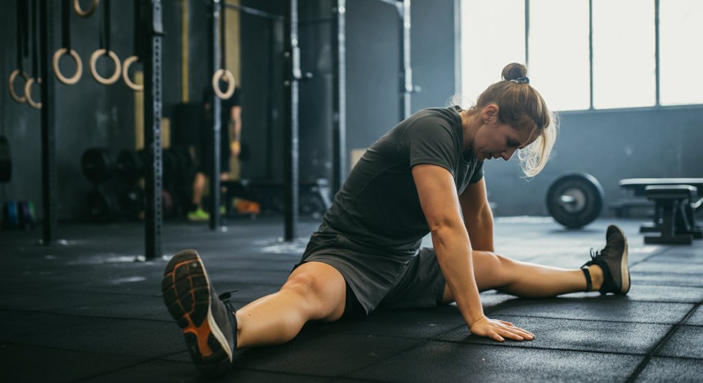 Athlet führt nach dem Crosstraining Dehnübungen für die Beinrückseite als Cool-down aus.