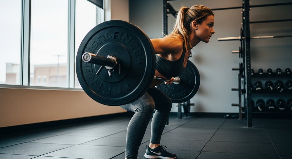 Athlet führt schweres Kreuzheben mit perfekter Technik in einem modernen Fitnessstudio aus. Editorial style, DSLR high-resolution photography of a female athlete at the peak of a deadlift. The shot is a side profile, medium shot, capturing the straight line of her back and the intense engagement of her entire posterior chain. The gym has a modern, clean aesthetic. Use natural light coming from a large window to create a soft but defining light on her. The focus is sharp on her, with a shallow depth of field blurring the background. Style: True-to-life colors, slight film grain for an authentic feel.