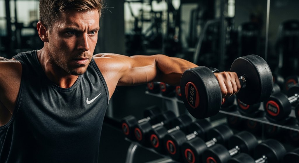 Athlet führt Seitheben als Übung für einen Reduktionssatz aus, um die Schultermuskulatur zu trainieren.