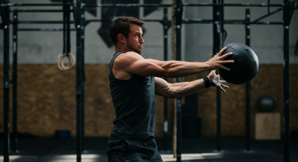 Athlet führt Wall Balls als Teil des intensiven WODs in seinem Trainingsplan aus.