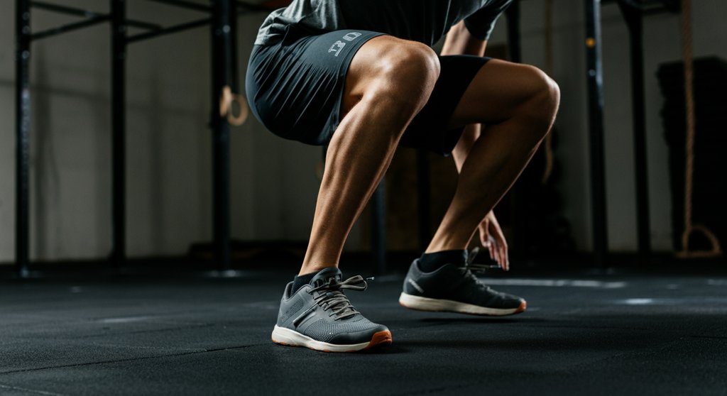 Athlet balanciert in Crosstraining Schuhen auf einer Plyo-Box und zeigt Stabilität.