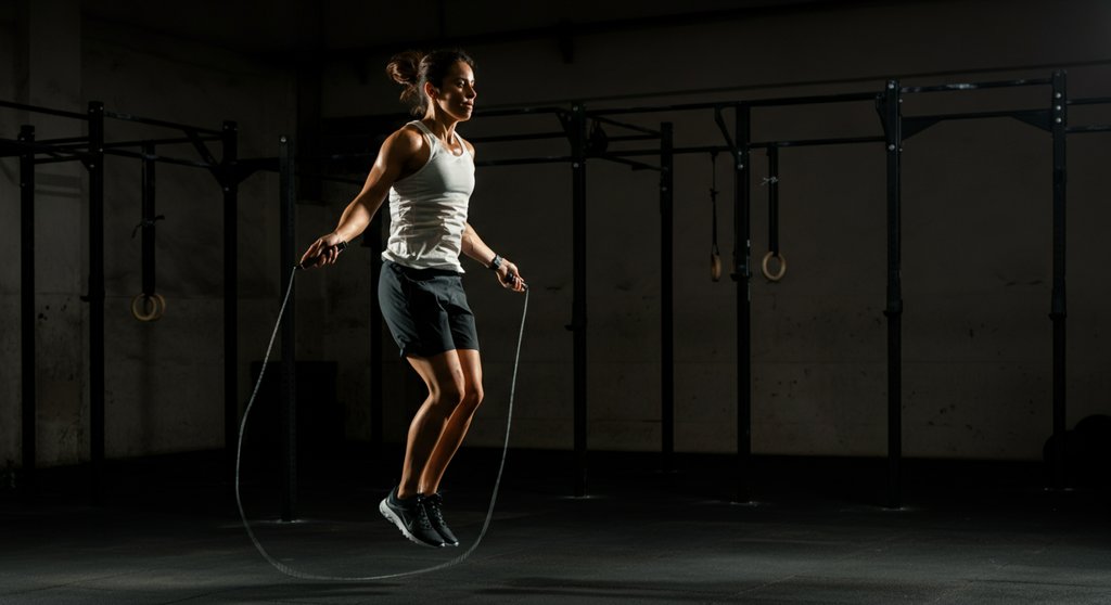 Athlet in der Luft bei der Ausführung von Double Unders mit einem Speed Rope.