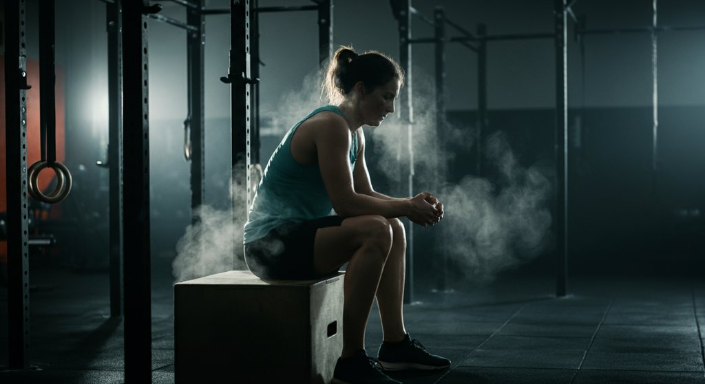 Athlet in der Ruhephase nach dem HIIT Training, der Nachbrenneffekt (EPOC) wird sichtbar.