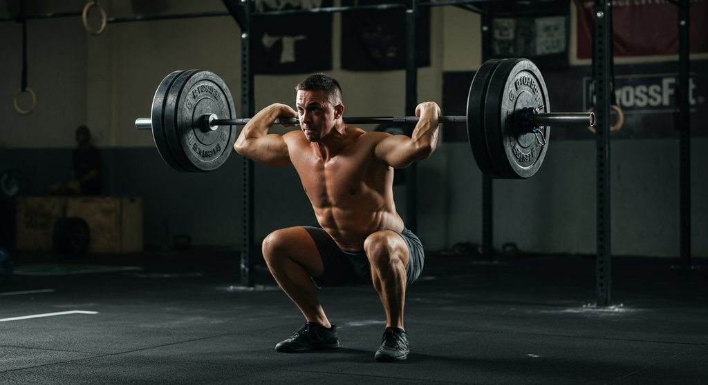 Athlet in der tiefen Hocke beim Snatch lernen, Hantel stabil überkopf.
