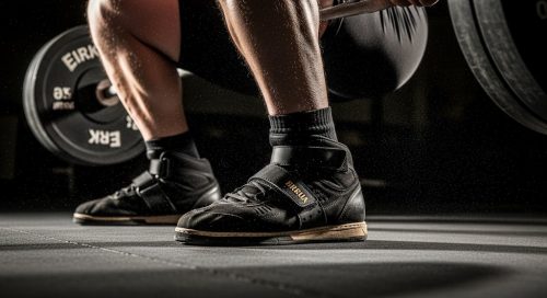 Athlet in der tiefen Kniebeuge mit Fokus auf dem stabilen Stand durch Gewichtheberschuhe. Athlet in der tiefen Kniebeuge mit Fokus auf dem stabilen Stand durch Gewichtheberschuhe.