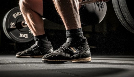 Athlet in der tiefen Kniebeuge mit Fokus auf dem stabilen Stand durch Gewichtheberschuhe.