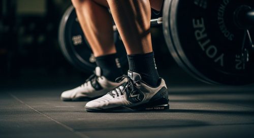 Athlet in Gewichtheberschuhen sorgt für stabile Basis bei einer schweren Kniebeuge. Athlet in Gewichtheberschuhen sorgt für stabile Basis bei einer schweren Kniebeuge.