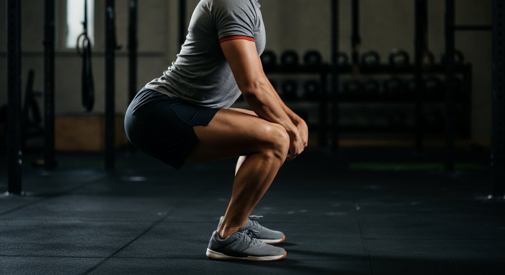 Athlet in tiefer Kniebeuge demonstriert gute Crosstraining Beweglichkeit.