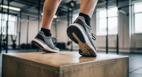 Athlet landet mit Crosstraining Schuhen sicher auf einer Box. Athlet landet mit Crosstraining Schuhen sicher auf einer Box.