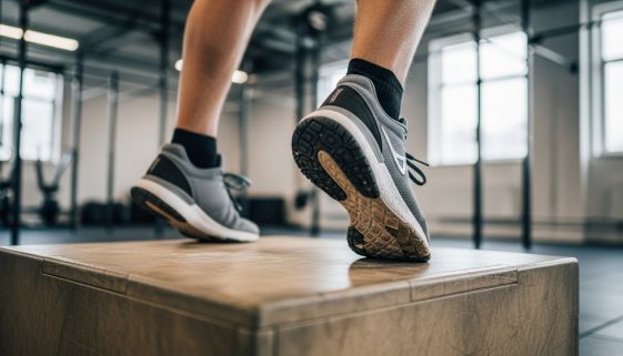Athlet landet mit Crosstraining Schuhen sicher auf einer Box.