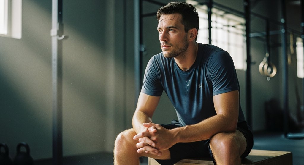 Athlet macht Pause beim HIIT mit Equipment und plant die nächste Runde.