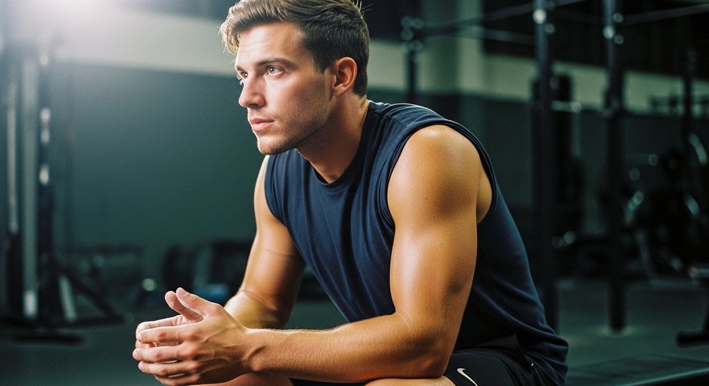 Athlet macht eine Pause während seines Push/Pull-Trainings und plant den nächsten Satz.