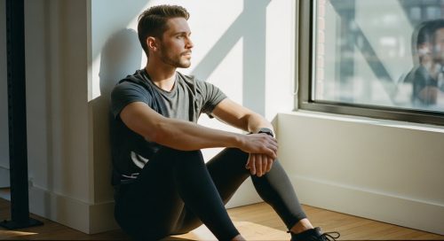 Athlet macht eine regenerative Pause nach dem HIIT-Training und blickt nachdenklich aus dem Fenster.