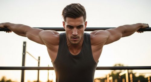 Athlet meistert einen perfekten Muscle Up an der Klimmzugstange bei Sonnenuntergang.