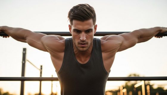 Athlet meistert einen perfekten Muscle Up an der Klimmzugstange bei Sonnenuntergang.