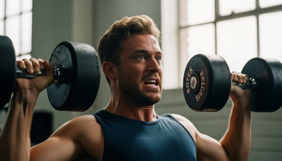 Athlet mit fokussiertem Blick beim Krafttraining mit Hanteln nach einem Bro Split Trainingsplan.