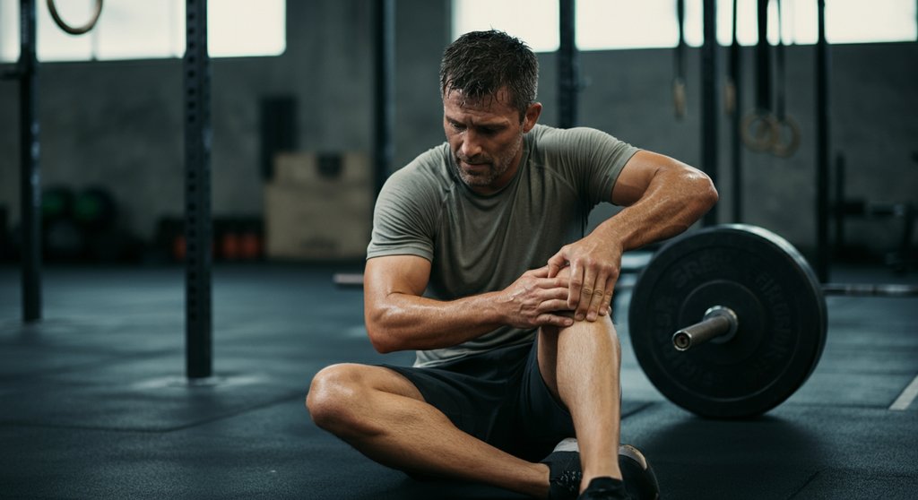 Athlet mit Muskelkater im Oberschenkel nach einem WOD sitzt nachdenklich im Gym.