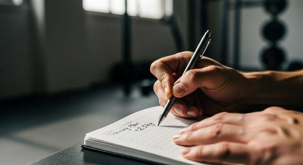 Athlet notiert die Steigerung seines Training Max in seinem Logbuch für den nächsten Wendler 5/3/1 Zyklus.