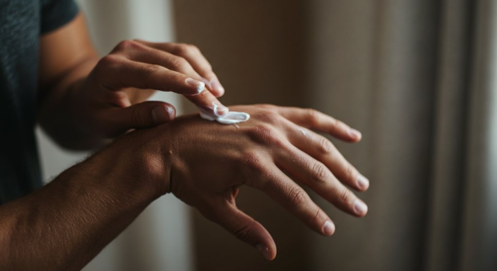 Athlet pflegt seine Hände mit einer reichhaltigen Creme, um offene Hände beim Sport zu vermeiden.