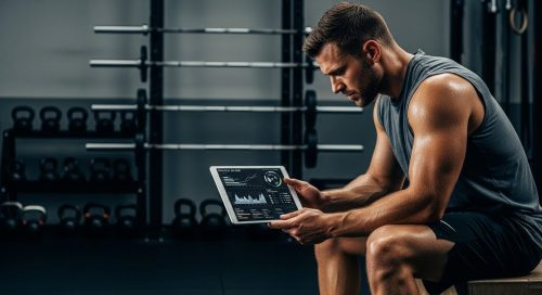 Athlet plant seine Crosstraining Periodisierung mit einem Tablet in einer Gym-Umgebung.