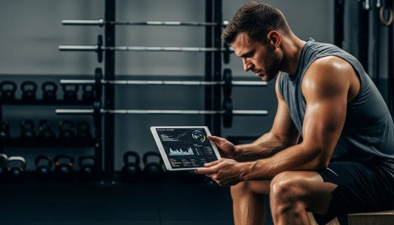 Athlet plant seine Crosstraining Periodisierung mit einem Tablet in einer Gym-Umgebung.