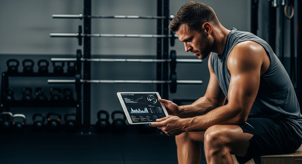 Athlet plant seine Crosstraining Periodisierung mit einem Tablet in einer Gym-Umgebung.