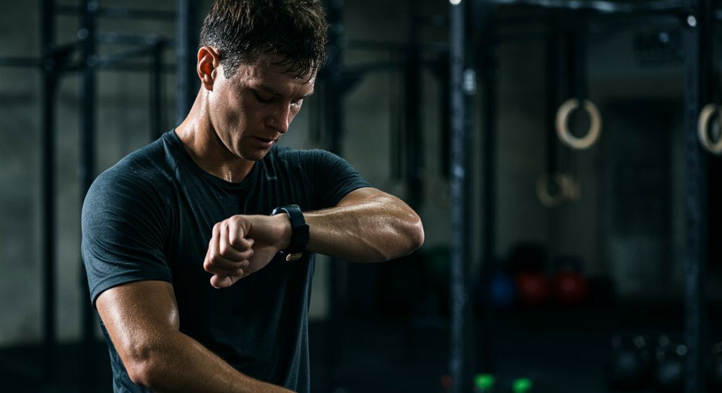 Athlet prüft beim Pacing im WOD seine Herzfrequenz auf der Smartwatch.