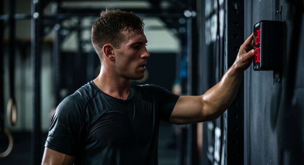 Athlet prüft den Timer während eines EMOM, um die Crosstraining Begriffe zu verinnerlichen.