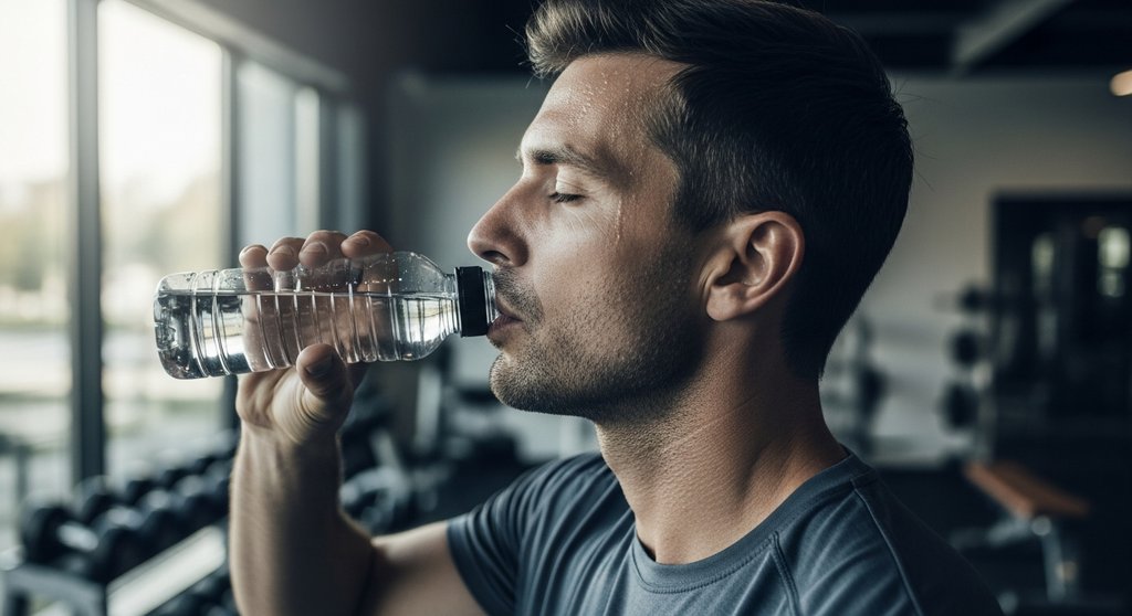 Athlet trinkt nach dem anstrengenden HIIT Workout Wasser zur Hydration.