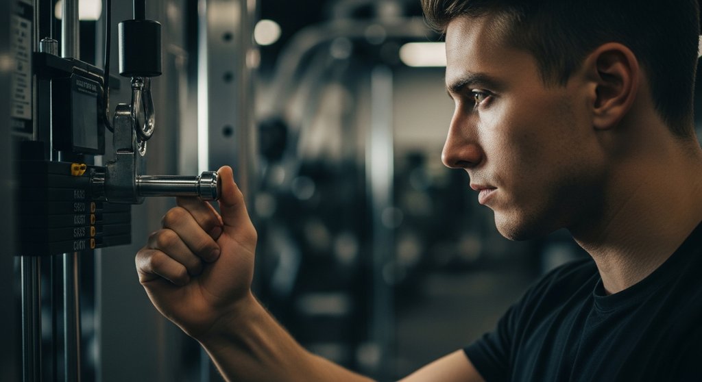 Athlet wählt das richtige Gewicht für sein Hypertrophietraining am Kabelzug.