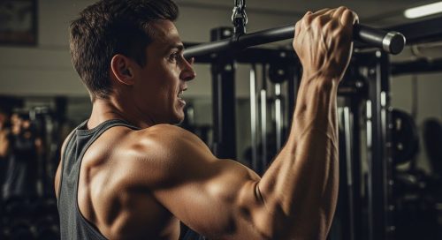 Athlet zeigt intensive Konzentration bei einem Klimmzug im Rahmen seines 2er Split Push Pull Trainingsplans.