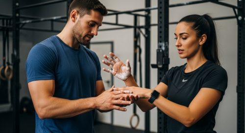 Athlet zeigt seine gepflegten Hände, um offene Hände beim Crosstraining zu vermeiden. Athlet zeigt seine gepflegten Hände, um offene Hände beim Crosstraining zu vermeiden.