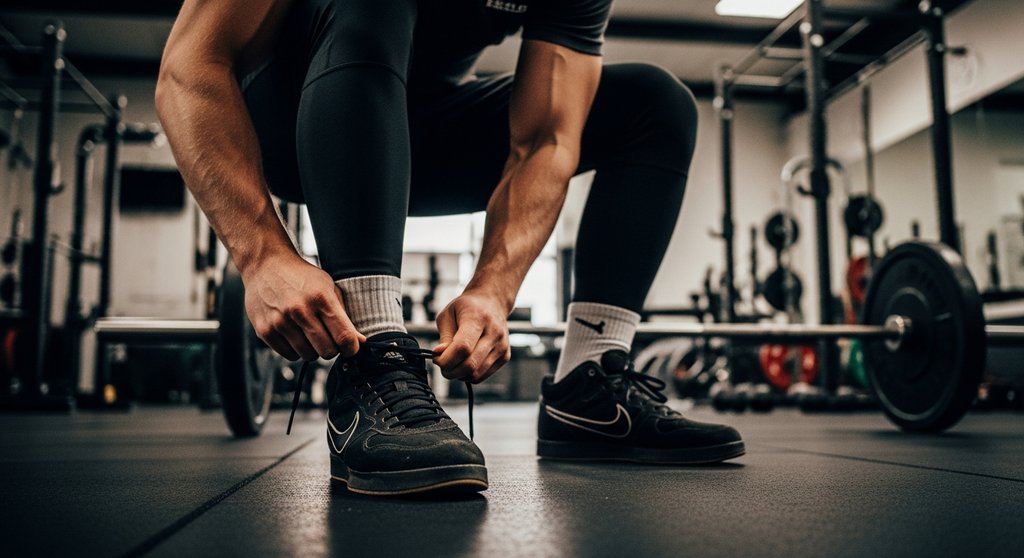 Fokussierter Athlet bindet seine Gewichtheberschuhe vor dem schweren Krafttraining.