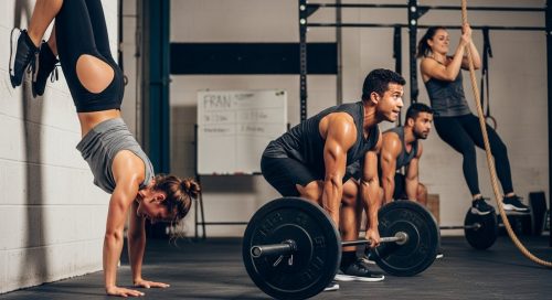 Athleten absolvieren ein intensives CrossFit Benchmark WOD in einer Box.