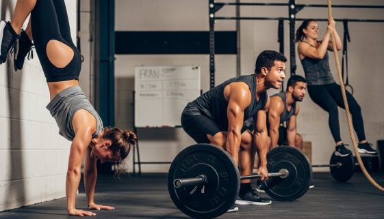 Athleten absolvieren ein intensives CrossFit Benchmark WOD in einer Box.
