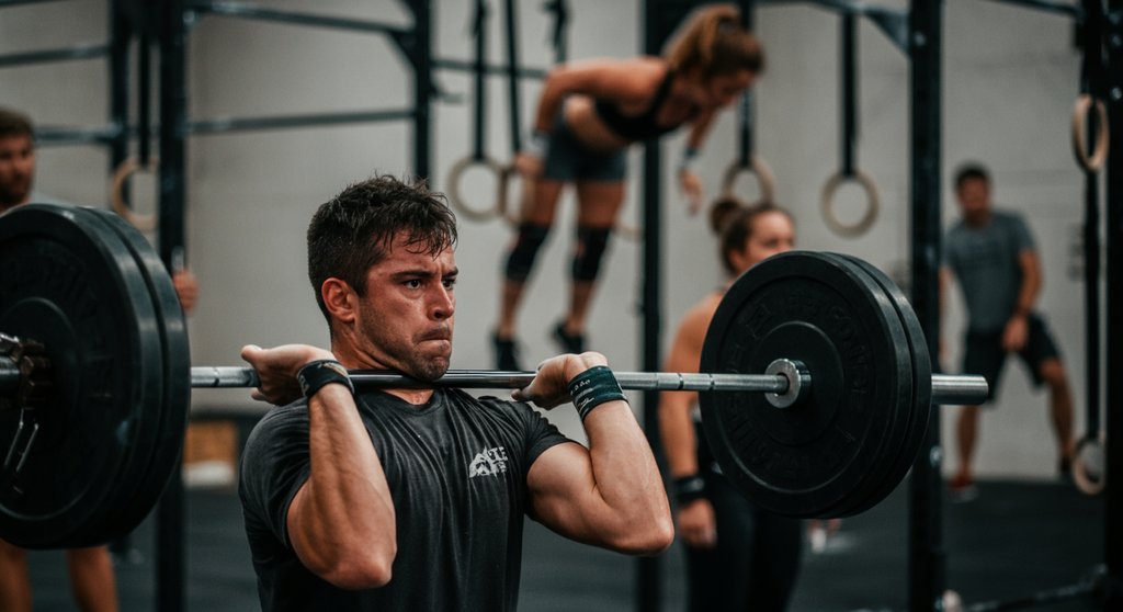 Athleten bei einem intensiven CrossTraining WOD mit Langhantel und Turnringen.