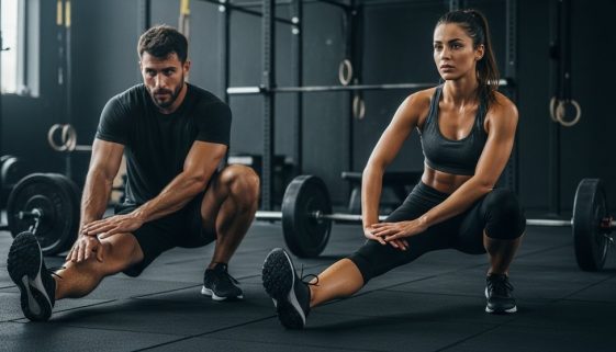Athleten beim Dehnen nach dem Crosstraining für mehr Beweglichkeit und Regeneration.