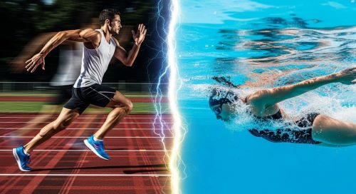 Athleten beim Laufen und Schwimmen als Symbol fĂŒr die beste Sportart im Crosstraining. Athleten beim Laufen und Schwimmen als Symbol fĂŒr die beste Sportart im Crosstraining.