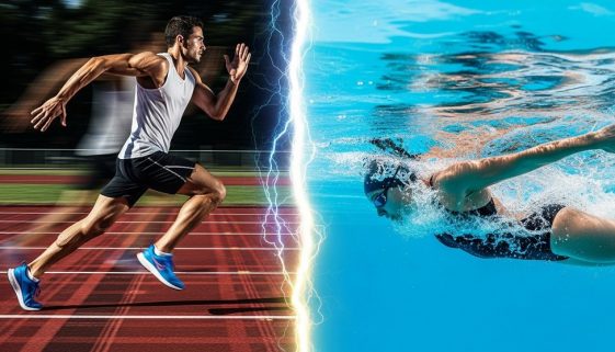 Athleten beim Laufen und Schwimmen als Symbol für die beste Sportart im Crosstraining.