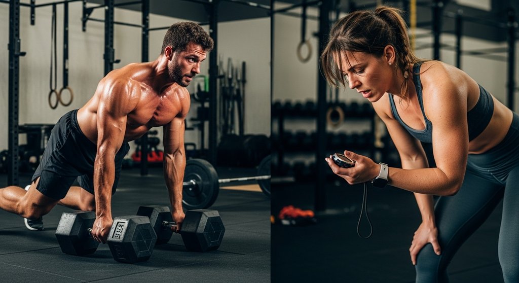 Athleten führen ein Crosstraining WOD mit Kurzhanteln durch.