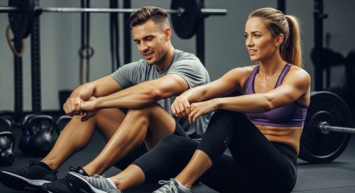 Athleten mit Muskelkater nach dem WOD dehnen sich in der Box.