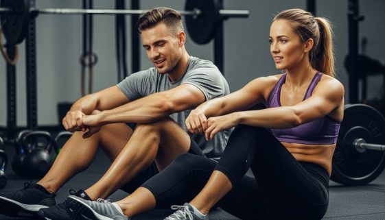 Athleten mit Muskelkater nach dem WOD dehnen sich in der Box.