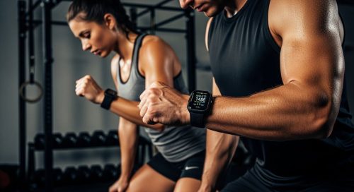 Athleten nutzen eine Pulsuhr beim Crosstraining zur Leistungsüberwachung. Athleten nutzen eine Pulsuhr beim Crosstraining zur Leistungsüberwachung.