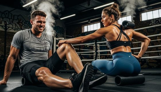 Athleten nutzen Foam Rolling zur Regeneration nach dem Crosstraining in einer Box.