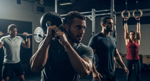 Athleten zeigen die Effekte von Crosstraining durch intensive Übungen in einer Fitness-Box. Athleten zeigen die Effekte von Crosstraining durch intensive Übungen in einer Fitness-Box.