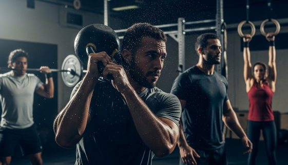 Athleten zeigen die Effekte von Crosstraining durch intensive Übungen in einer Fitness-Box.