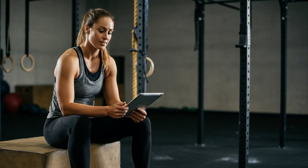 Athletin analysiert ihre Trainingsfortschritte in einer App auf dem Tablet.