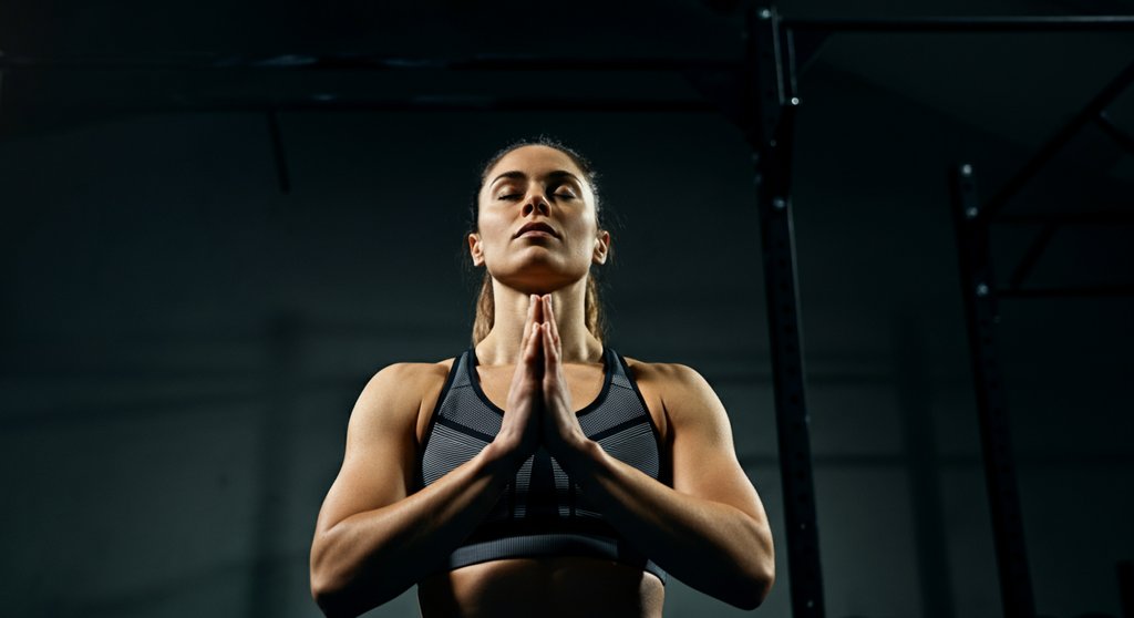 Athletin bei der mentalen Vorbereitung auf den Crosstraining Wettkampf.