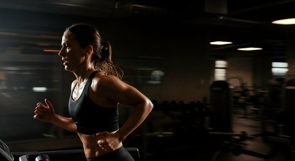 Athletin bei einem intensiven HIIT-Sprint auf dem Laufband zur Steigerung der Fitness.