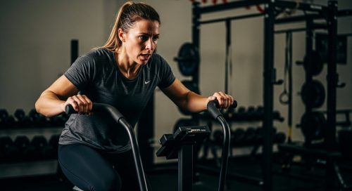 Athletin bei einem intensiven HIIT Workout am Assault Air Bike für maximale Fitness. Athletin bei einem intensiven HIIT Workout am Assault Air Bike für maximale Fitness.